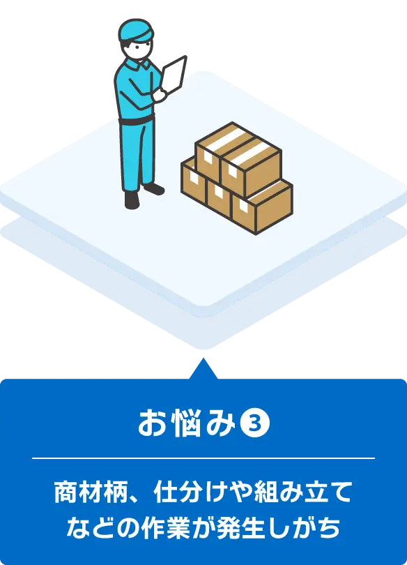 お悩み③ - 商材柄、仕分けや組み立てなどの作業が発生しがち